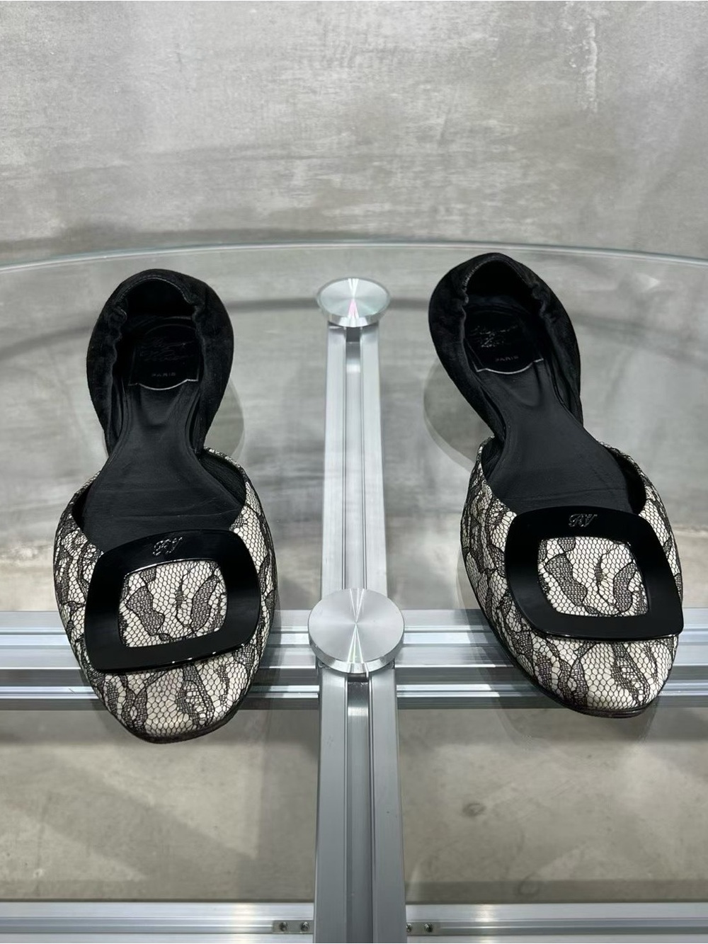 Roger Vivier Black and Cream Lace Ballet Flats with Signature Buckle